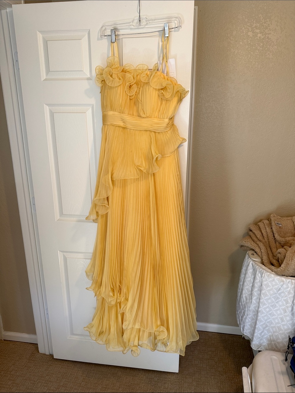 Mac Duggal Yellow Pleated Ruffle Chiffon Maxi Dress